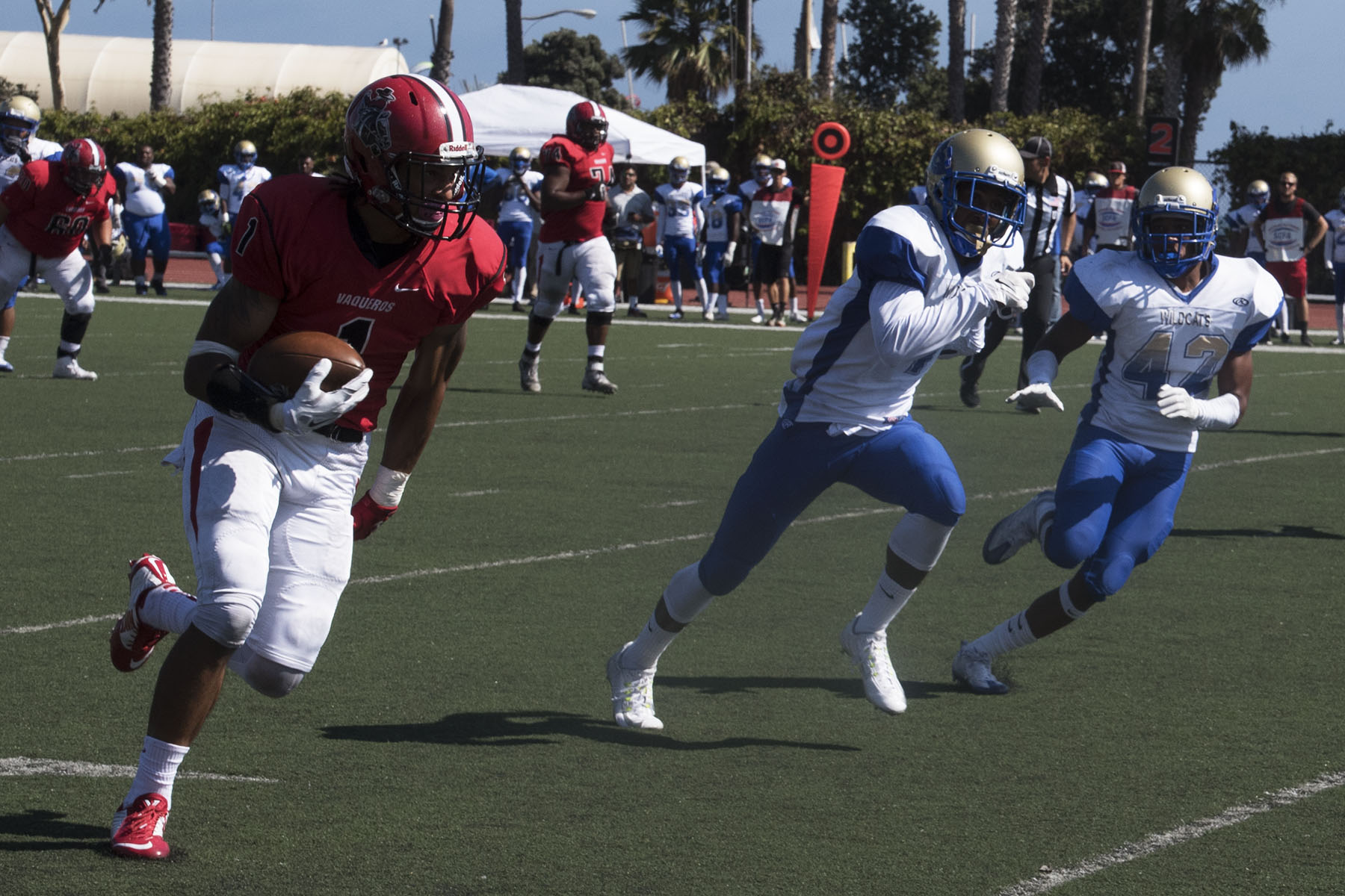 New England Patriots running back Sam Cunningham tries to get past