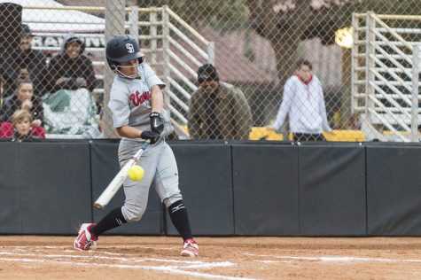 Sloane Greeley hits a line drive single to right field against Orange Coast College with the bases loaded to give the Vaqueros a 1-0 lead in the bottom of the first inning on Friday, Feb. 9 at Pershing Park in Santa Barbara. “Singles do it,” Greeley said.