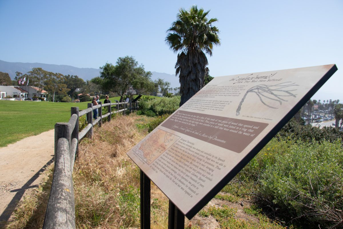 Curated by the Chumash Signage Project Committee, one of the signs lined across City College's Great Meadow shares stories of Santa Barbara's Indigenous people on May 8 in Santa Barbara, Calif. The sign reads "How They Must Have Suffered" and dives into the loss of traditions and ecological destructions.
