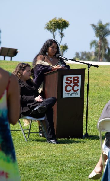 Solange Aguilar describes her artistic process for the newly created Chumash educational signs across City Colleges' campus on May 8 in Santa Barbara, Calif. “My role was to listen, change [the design], and get the visuals to a place where we all felt very happy and proud,” Aguilar said, explaining her collaboration with her family.