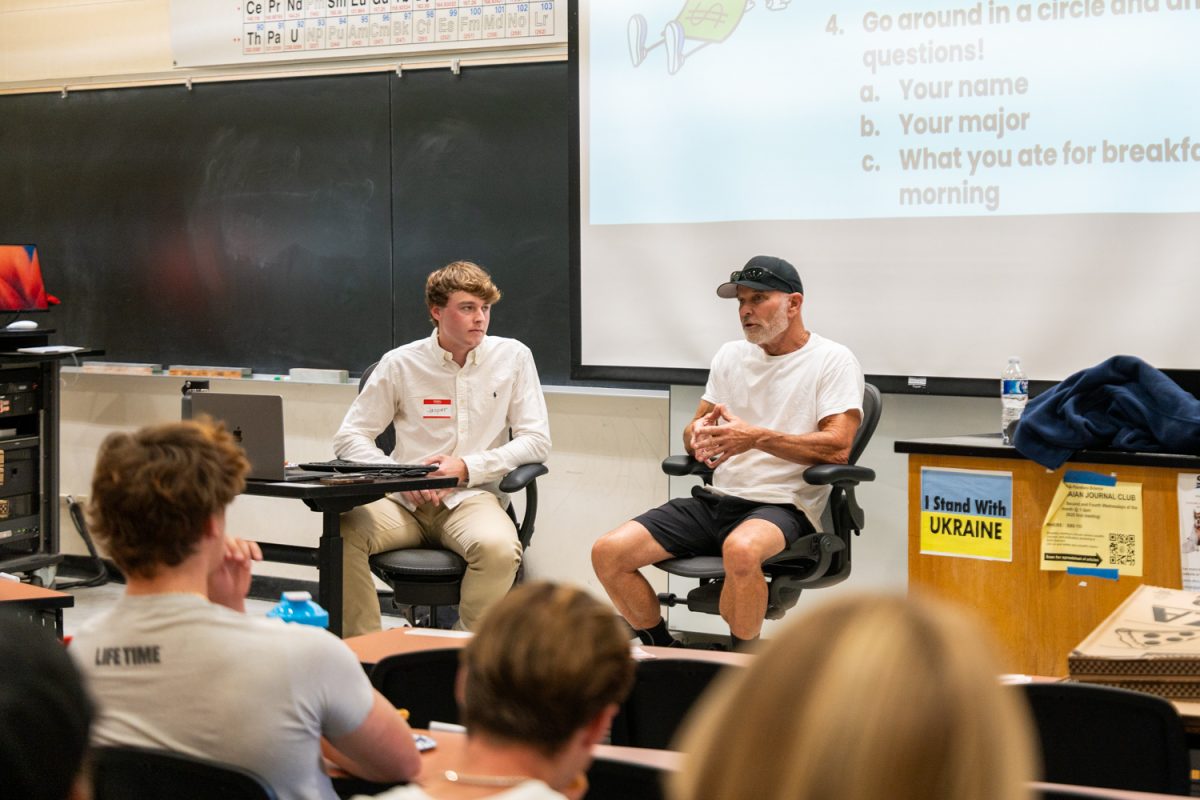 Ed St. George (right), landlord and developer, answers a question asked by Jasper Grenager (left), president of the Financial Mastery Club, at the Financial Mastery Club meeting in PS-101 at City College on Sept. 26, 2024 in Santa Barbara, Calif. “I actually have lost millions and millions and millions of dollars because of my lack of education”, St. George admits.