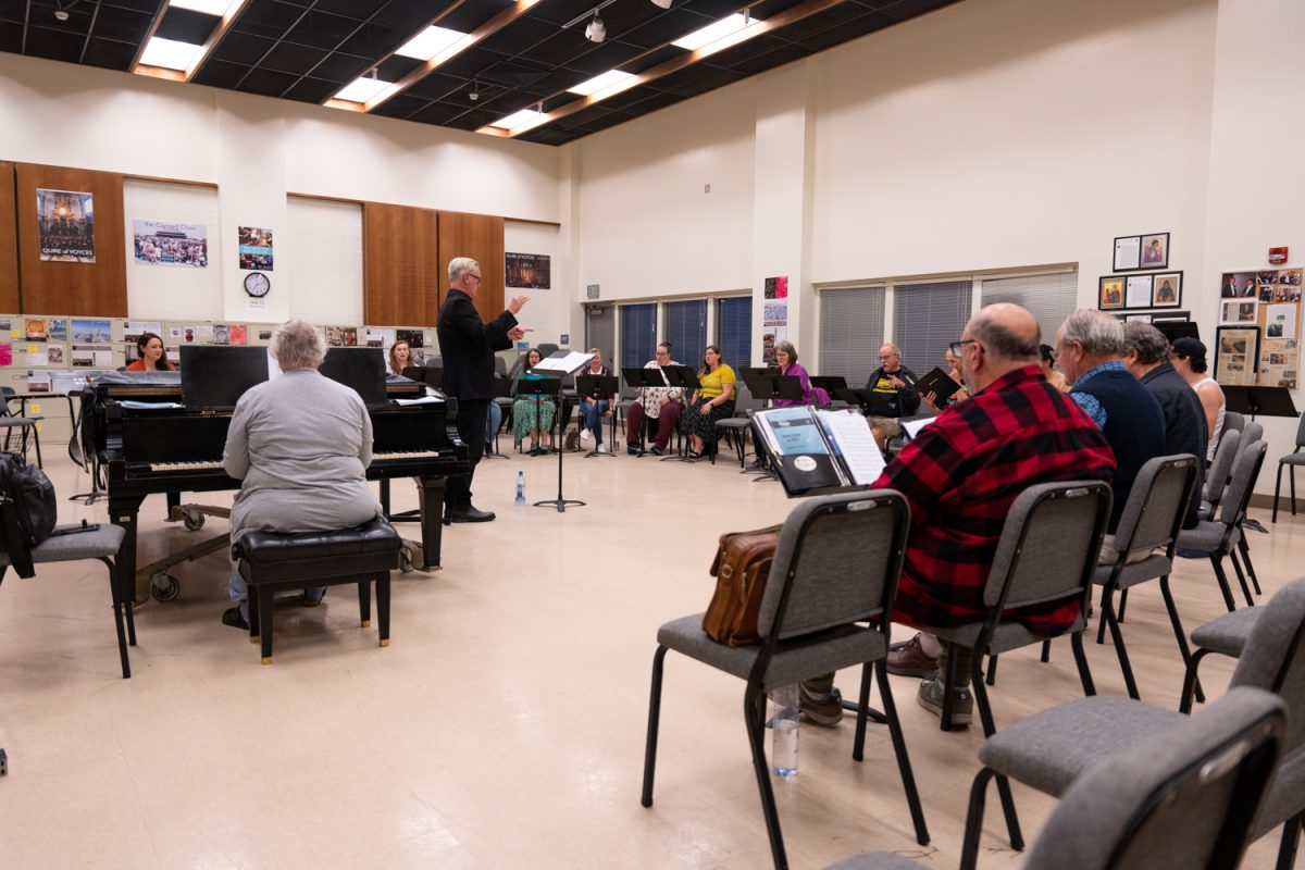 The Quire of Voyces rehearses in its rehearsal room, DM-101, at City College on Sept. 23, 2024 in Santa Barbara, Calif. Apart from its members singing, it also has a piano to accompany it.