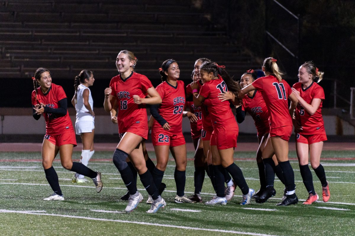 The Vaqueros celebrate after scoring the only goal of the game on Oct. 1 at the La Playa Stadium at City College in Santa Barbara, Calif. The goal was made by midfield player Cara Christopherson.