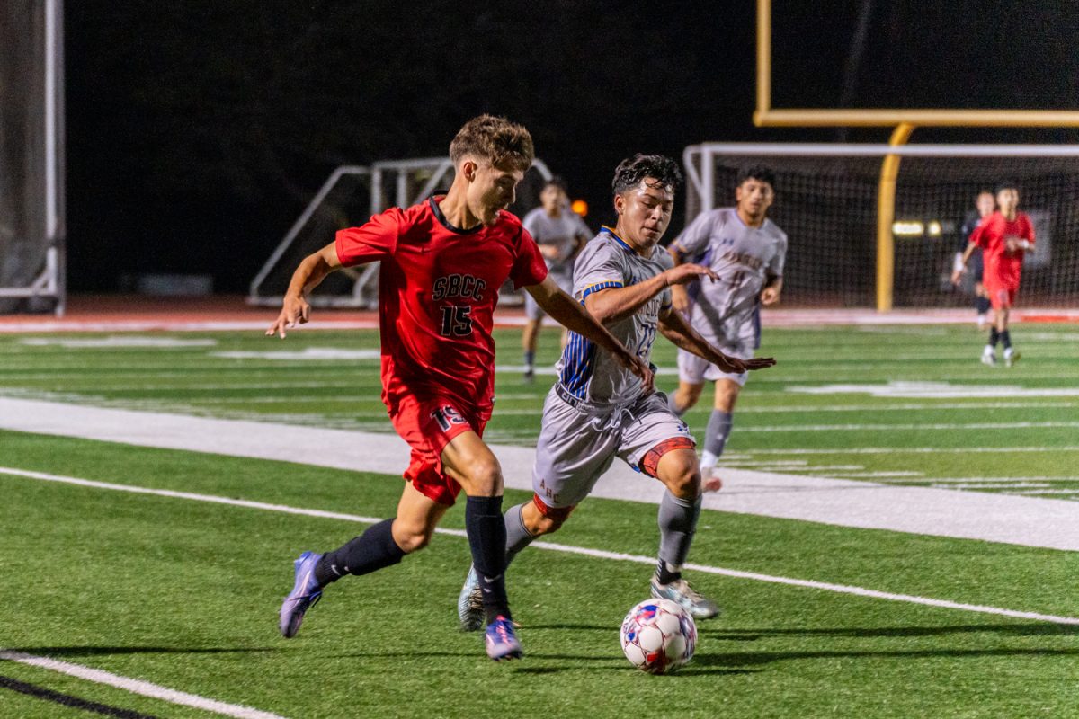 Hernan Sevilla (15) races for the ball against Ace Espinoza (21) at the La Playa Stadium at City College on Oct. 15, 2024 in Santa Barbara, Calif. This is the fourth win for the Vaqueros this season.