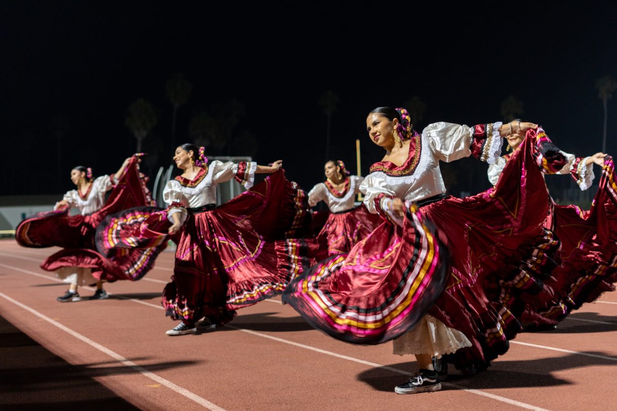 UCSB's Raíces de mi Tierra perform a ballet folklórico during the half-time-show of the soccer game at the La Playa Stadium at City College on Oct. 15, 2024 in Santa Barbara, Calif. This was the second soccer game hosted in honor of Hispanic Heritage Month.