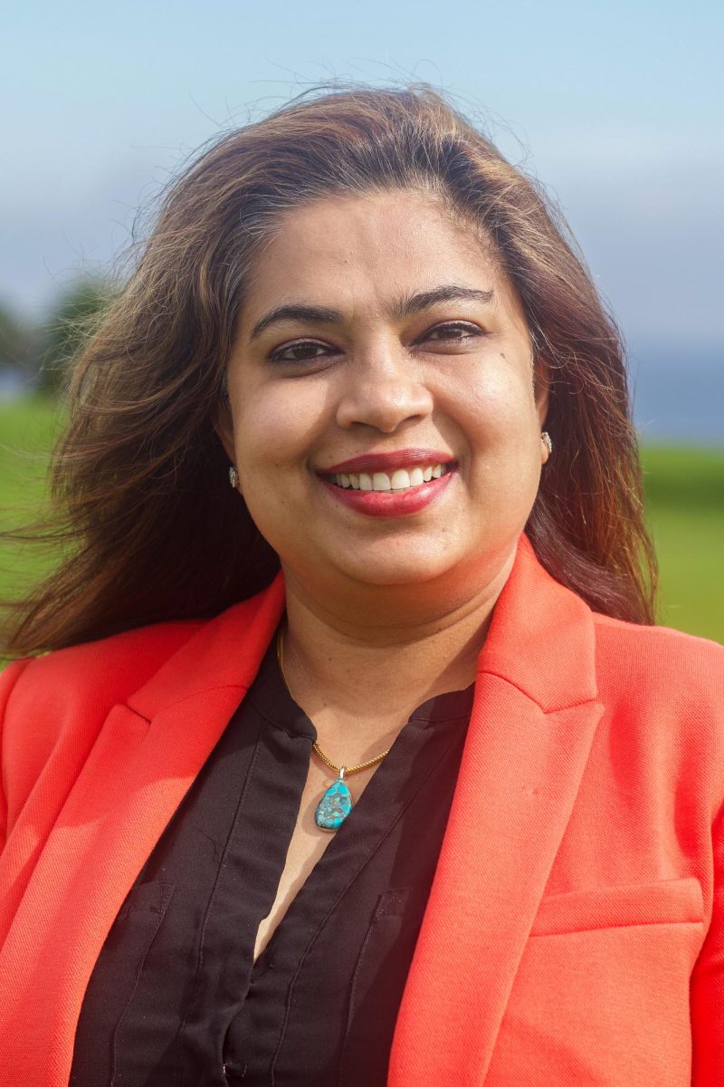 Aruni Boteju, Board of Trustees District 4 Goleta candidate, beams on Oct. 11 at the Great Meadow on West Campus at City College in Santa Barbara, Calif. " I am very supportive of Measure P because it is important... having proper science labs, classrooms for our children to have access. The children are the future," Boteju said 