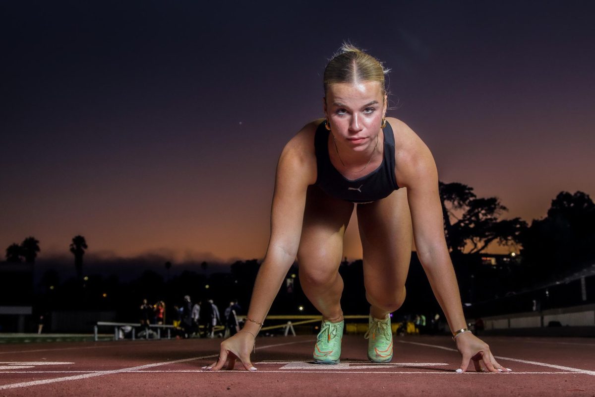 Anja Baur from Bern, Switzerland fiercely looks forward as she gets set at the starting line on Sept. 30 at La Playa Stadium at City College in Santa Barbara, Calif. "This sport means a lot to me and it's a big part of my life back home. So I'm very happy that I can continue this sport here...to experience how different it is here than at home," Baur explained.