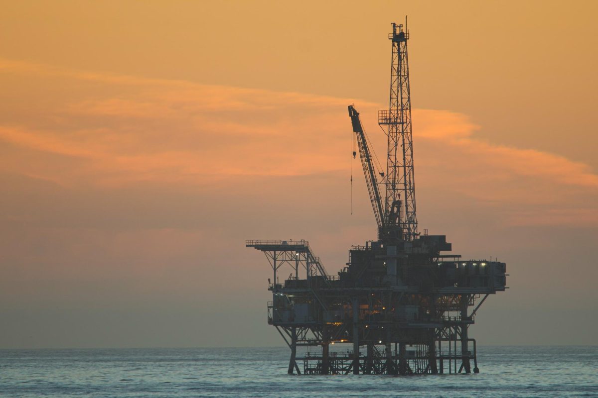 Oil Platform Holly stands 2 miles offshore of Sands Beach on Oct. 23 in Isla Vista, Calif. Oil Platform Holly has been inactive since 2015 due to an oil spill.