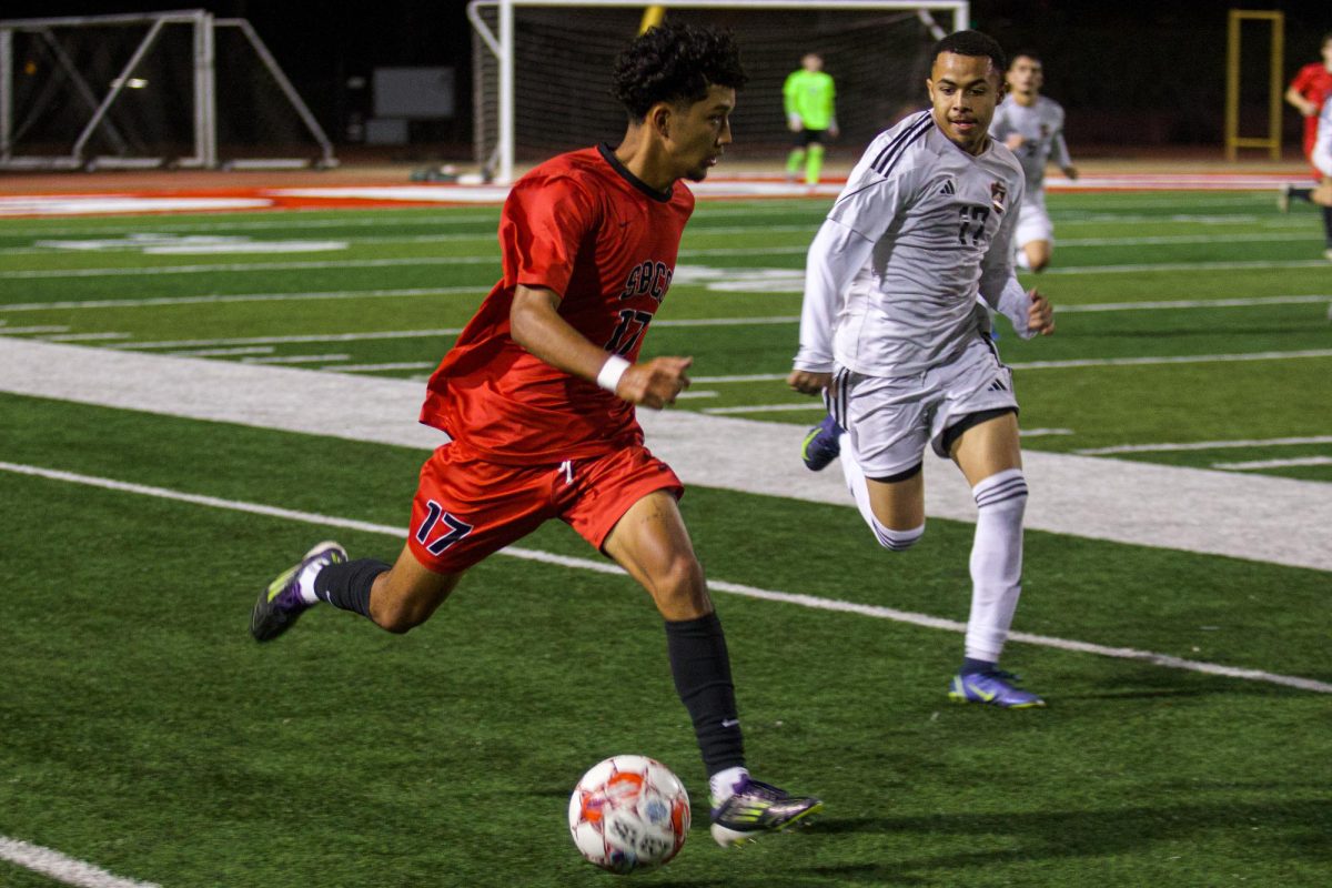 Gustavo Loera-Cardenas (No. 17) advances the ball past his defender on Oct. 22 at La Playa Stadium at City College in Santa Barbara, Calif. Loera-Cardenas is a 1st year student from Santa Maria.