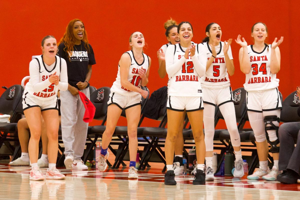 The Vaquero's bench celebrates vs Bakersfield on Nov. 8 at the Sports Pavilion at City College in Santa Barbara, Calif. City College defeated Bakersfield 71-62.