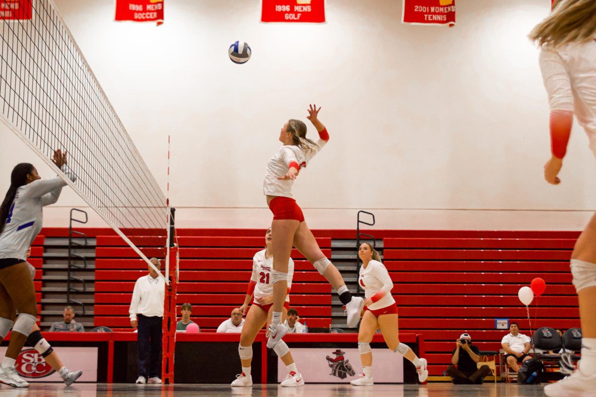 Carly Hanna rises up to spike the ball vs Allan Hancock on Nov. 15 at the Sports Pavilion at City College in Santa Barbara, Calif. City College's next game is Tuesday Nov. 19 vs Bakersfield.