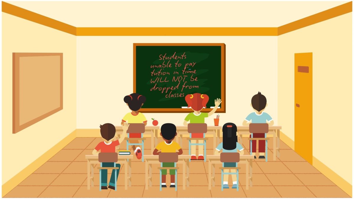 Illustration of students in class with a chalk board that reads, "Students unable to pay tutition in time will not be dropped from classes."