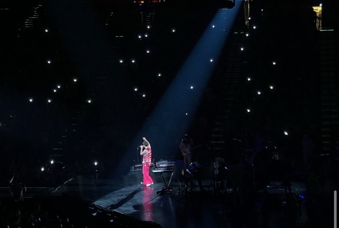 Captured from the technical both, Harry Styles performs "Golden" during the Love on Tour at the MGM Garden Arena on Sept. 4, 2021 in Las Vegas, Nevada.