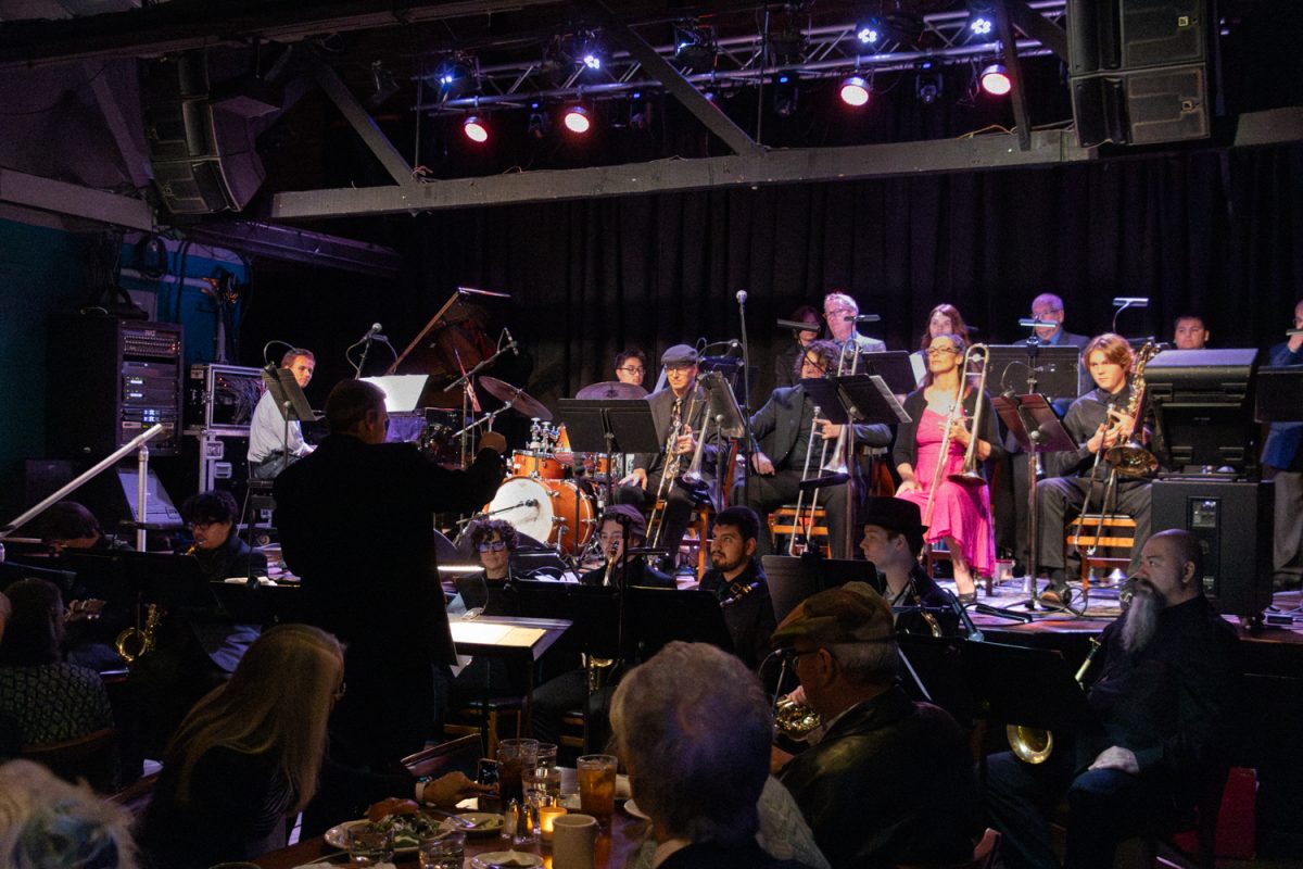 Jazz instructor Eric Heidner leads the Big Band Jazz ensemble at SOhO Feb. 24, in Santa Barbara Calif. This event featured the band's first performance of the semester.